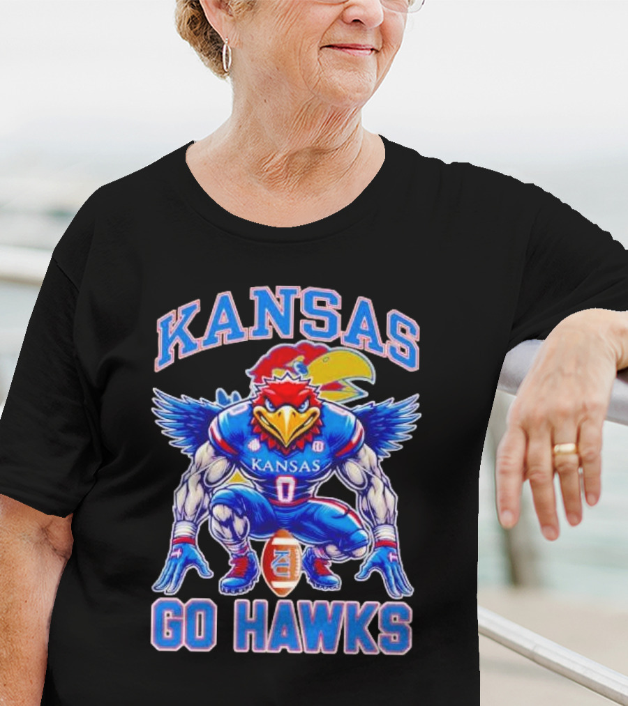 Kansas Jayhawks Go Hawks Fierce Mascot Football T-Shirt