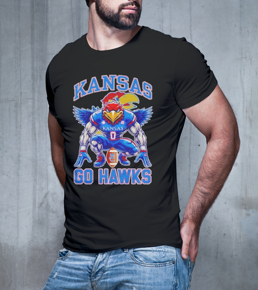 Kansas Jayhawks Go Hawks Fierce Mascot Football T-Shirt