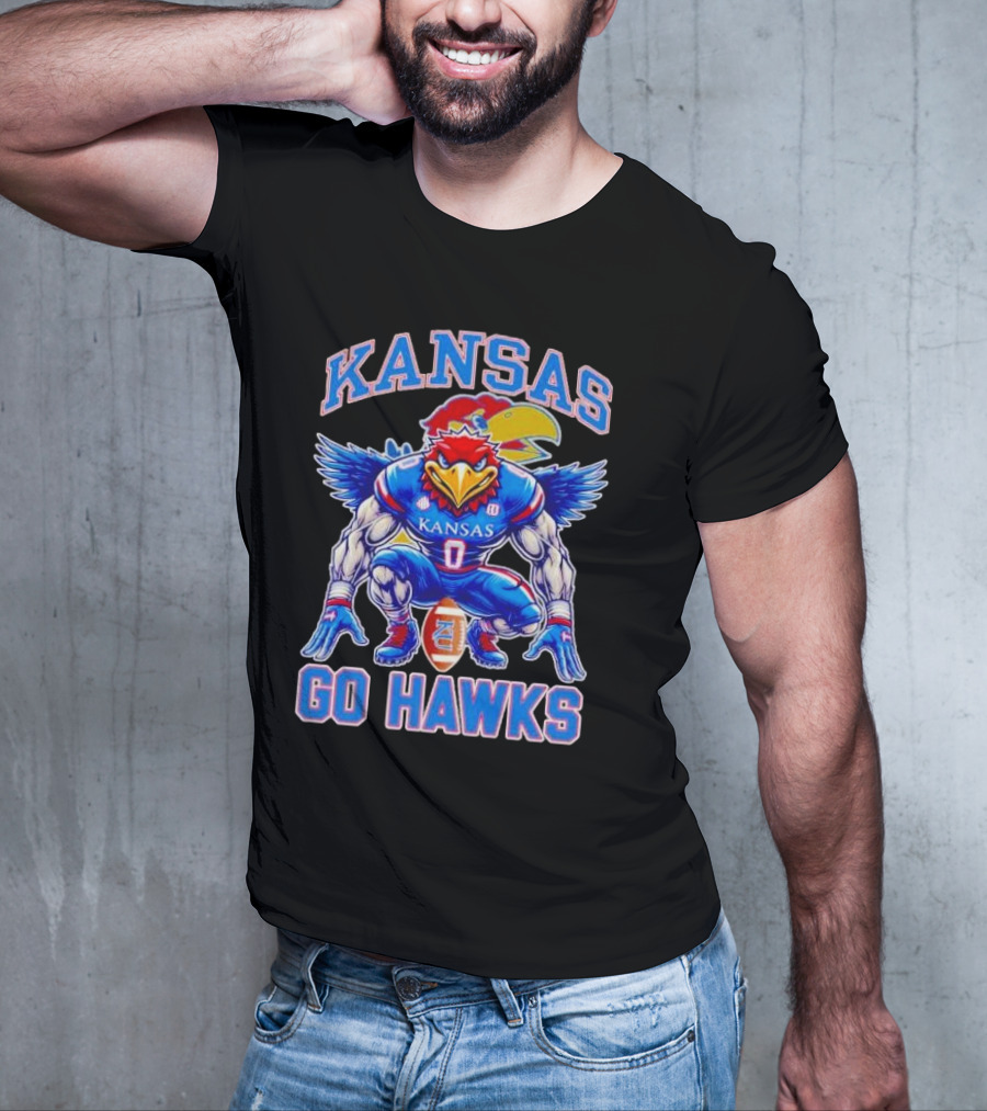 Kansas Jayhawks Go Hawks Fierce Mascot Football T-Shirt
