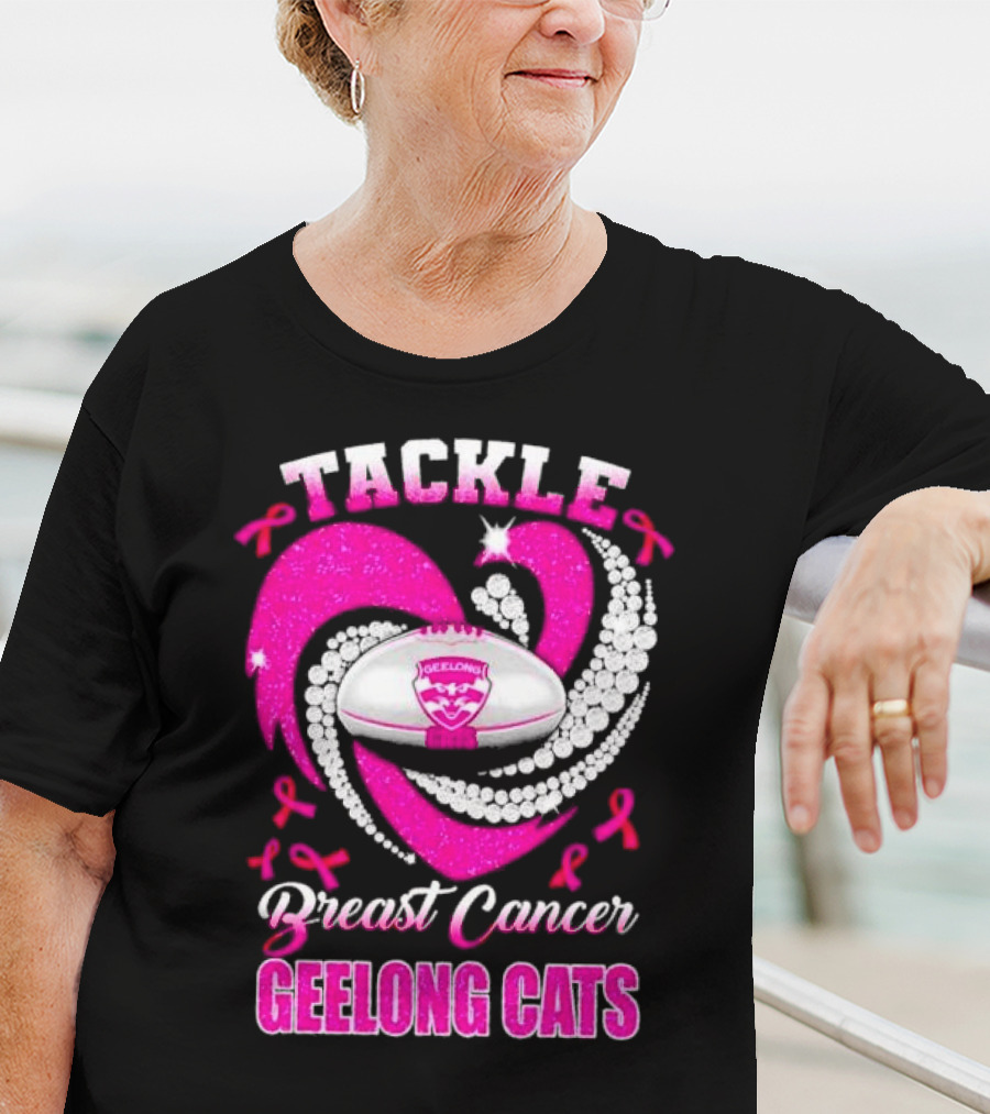 Tackle Breast Cancer Geelong Cats Pink Ribbon Football Heart T-Shirt