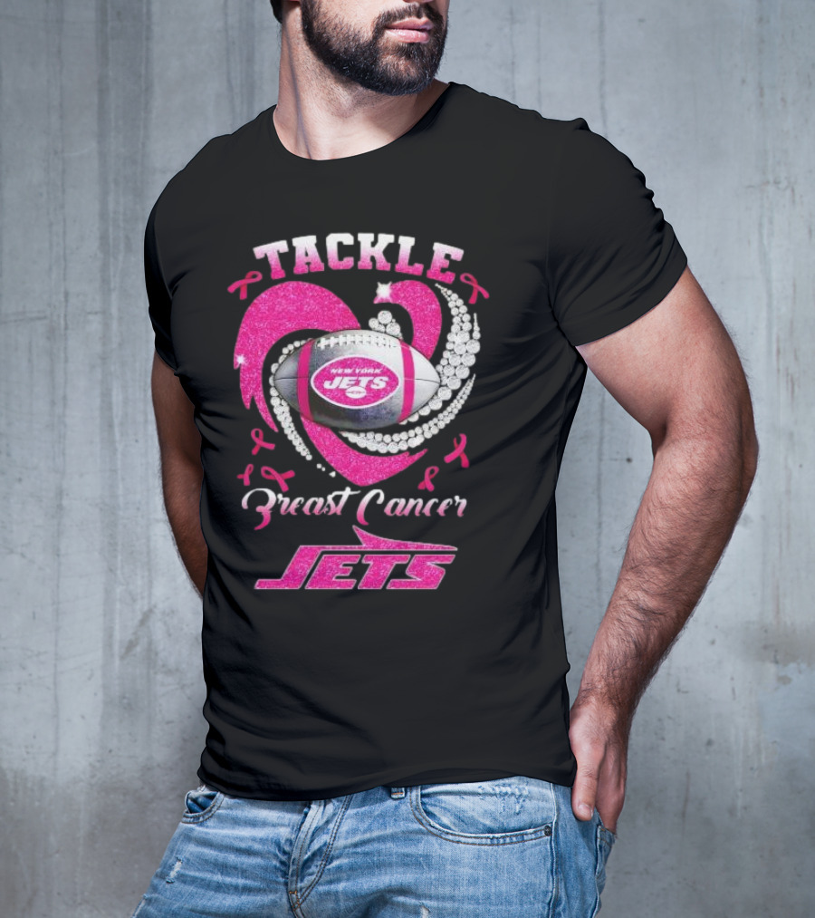 Tackle Breast Cancer New York Jets Football Heart Pink Ribbons T-Shirt