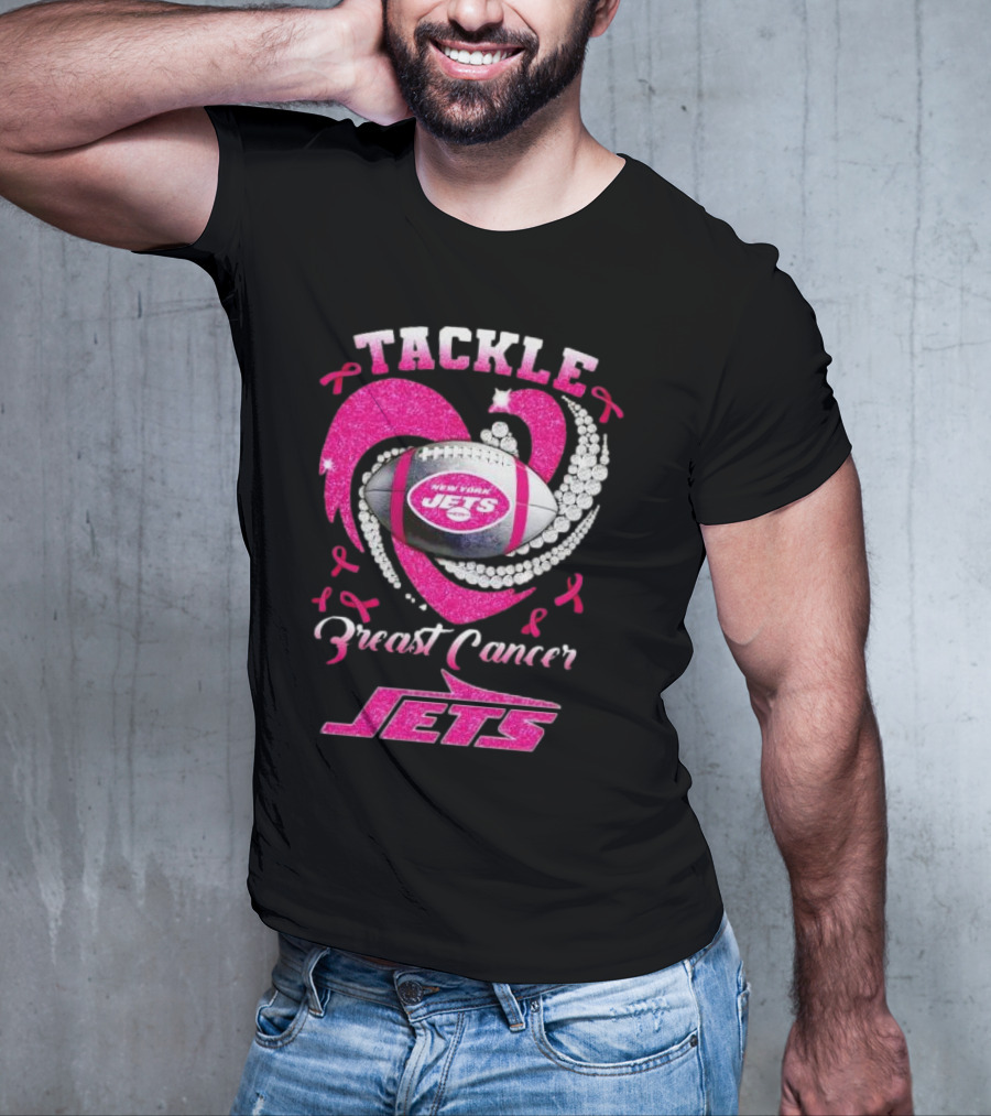 Tackle Breast Cancer New York Jets Football Heart Pink Ribbons T-Shirt