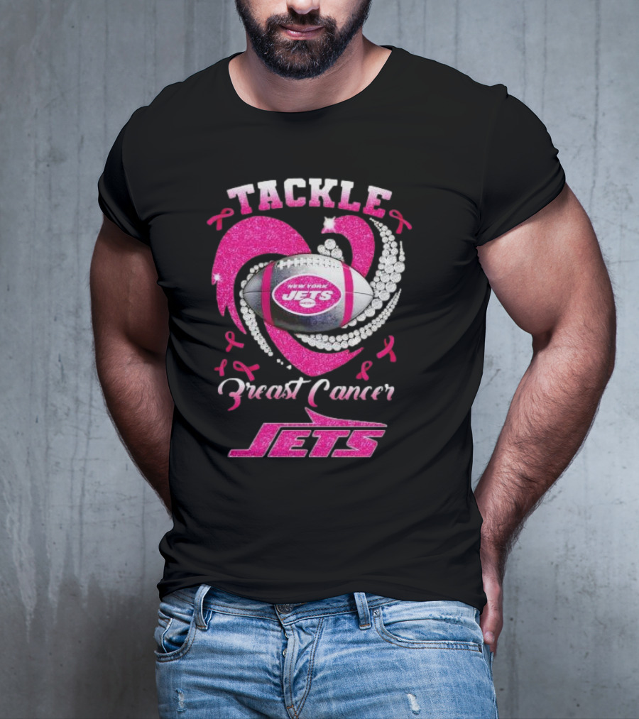 Tackle Breast Cancer New York Jets Football Heart Pink Ribbons T-Shirt