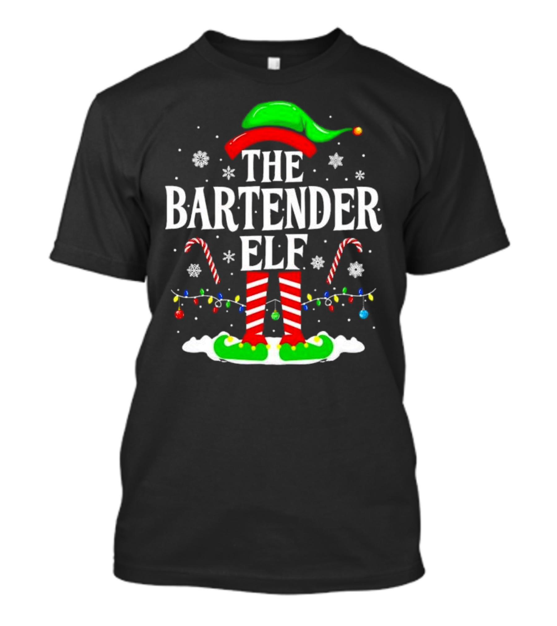 The Bartender Elf Christmas Candy Canes Festive Lights And Snowflakes T-Shirt