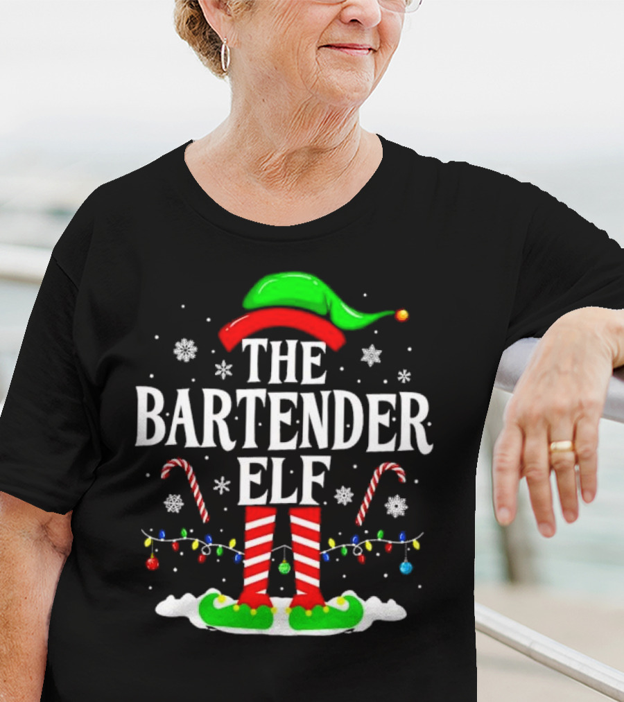 The Bartender Elf Christmas Candy Canes Festive Lights And Snowflakes T-Shirt