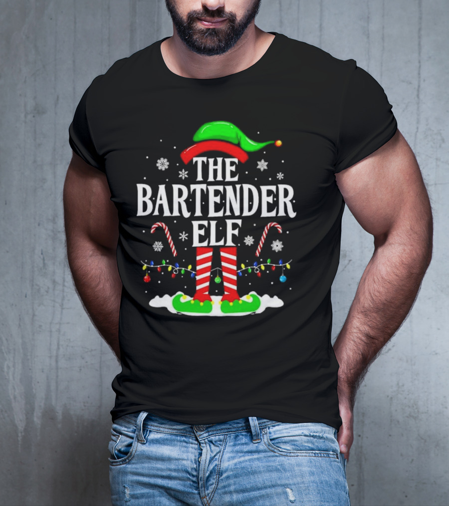 The Bartender Elf Christmas Candy Canes Festive Lights And Snowflakes T-Shirt