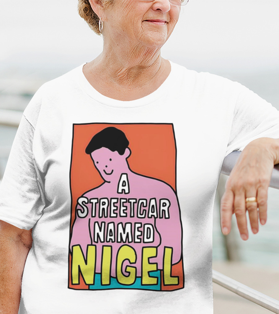 A Streetcar Named Nigel Pink Cartoon Character With Orange Background T-Shirt