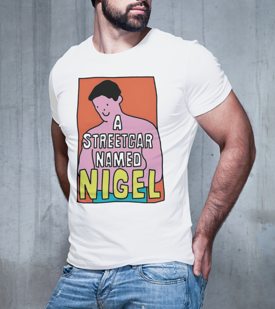 A Streetcar Named Nigel Pink Cartoon Character With Orange Background T-Shirt