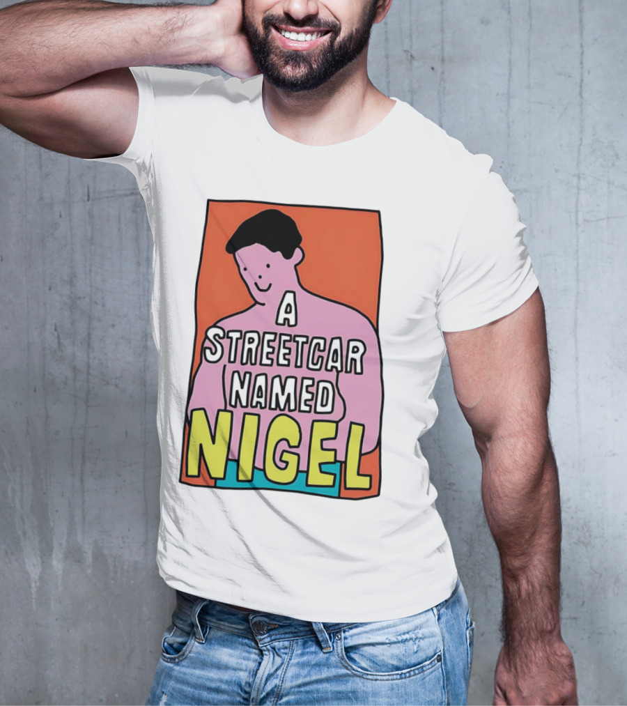 A Streetcar Named Nigel Pink Cartoon Character With Orange Background T-Shirt
