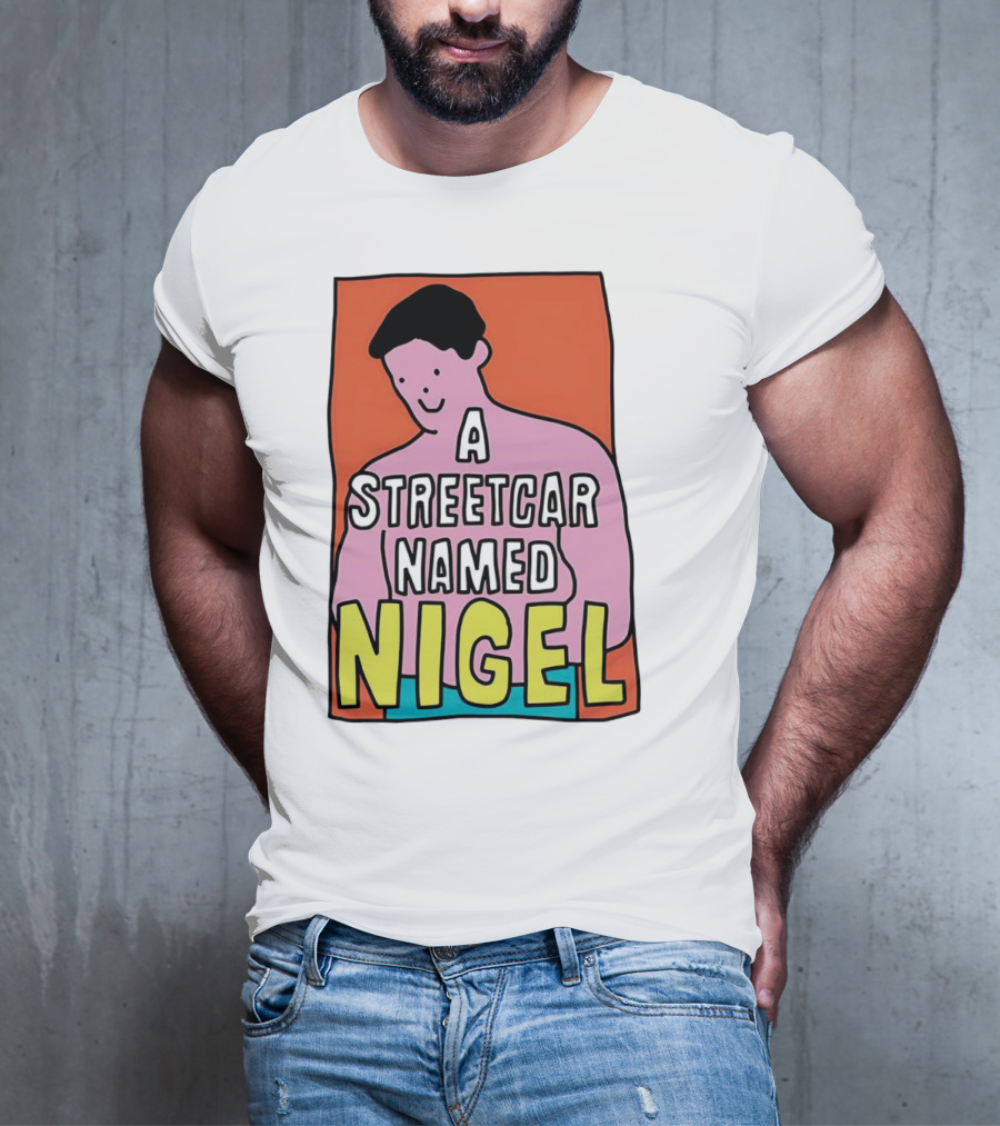 A Streetcar Named Nigel Pink Cartoon Character With Orange Background T-Shirt