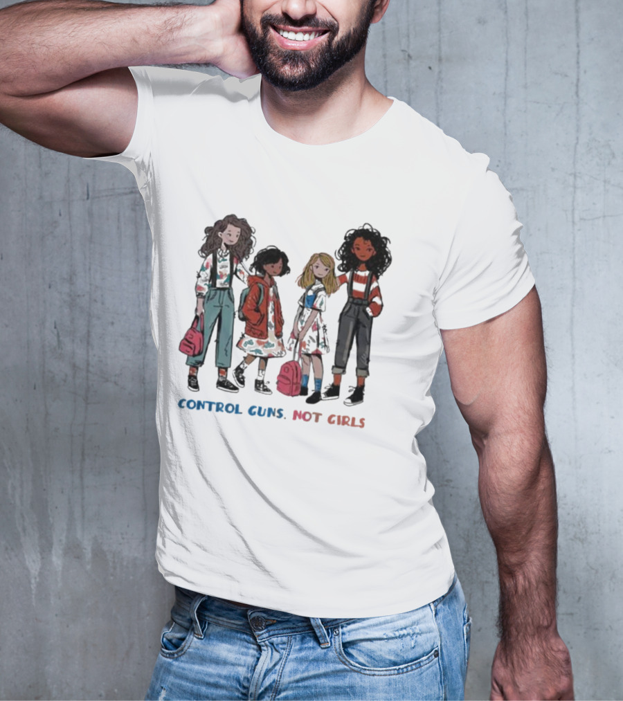 CONTROL GUNS NOT GIRLS WITH FOUR DIVERSE GIRLS HOLDING BACKPACKS T-Shirt