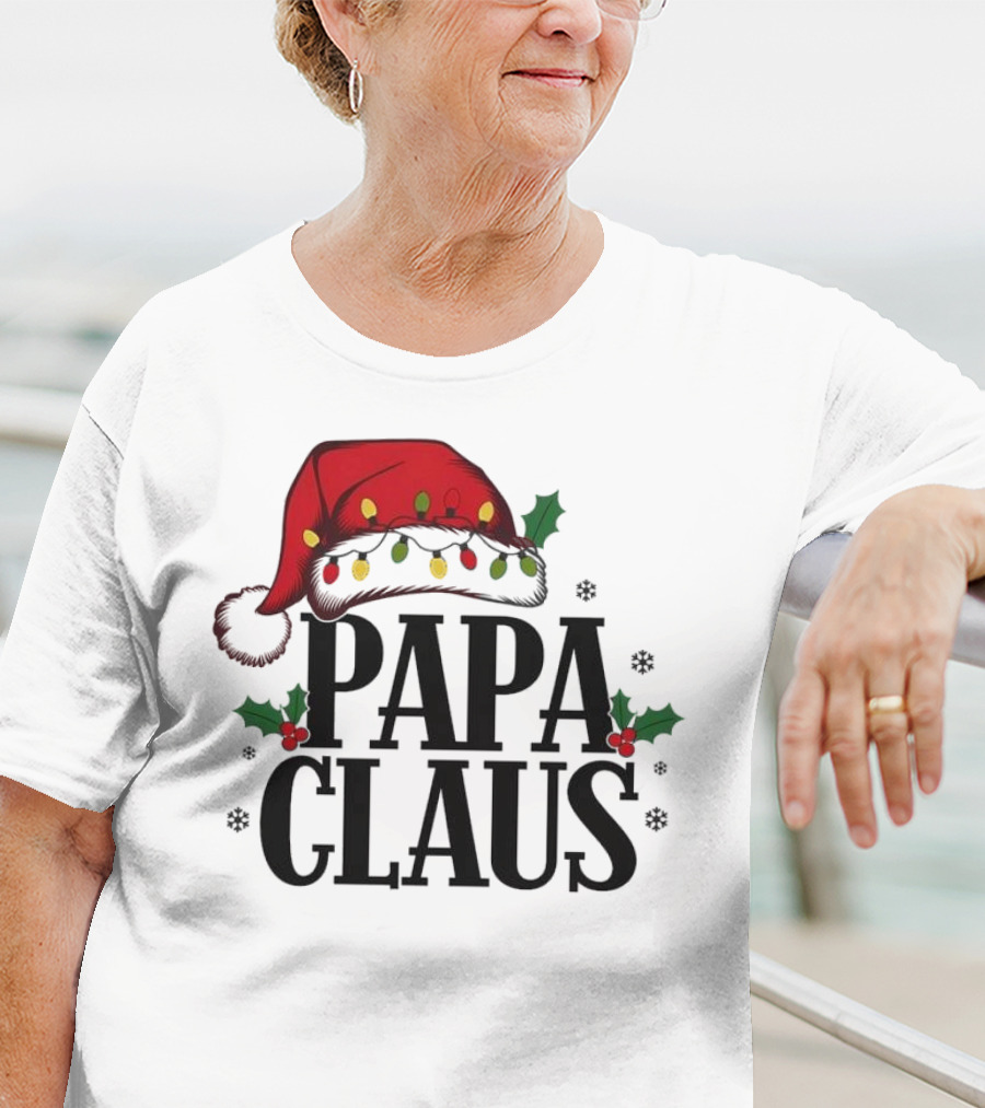 Papa Claus Christmas Santa Hat Holly Lights Snowflakes T-Shirt
