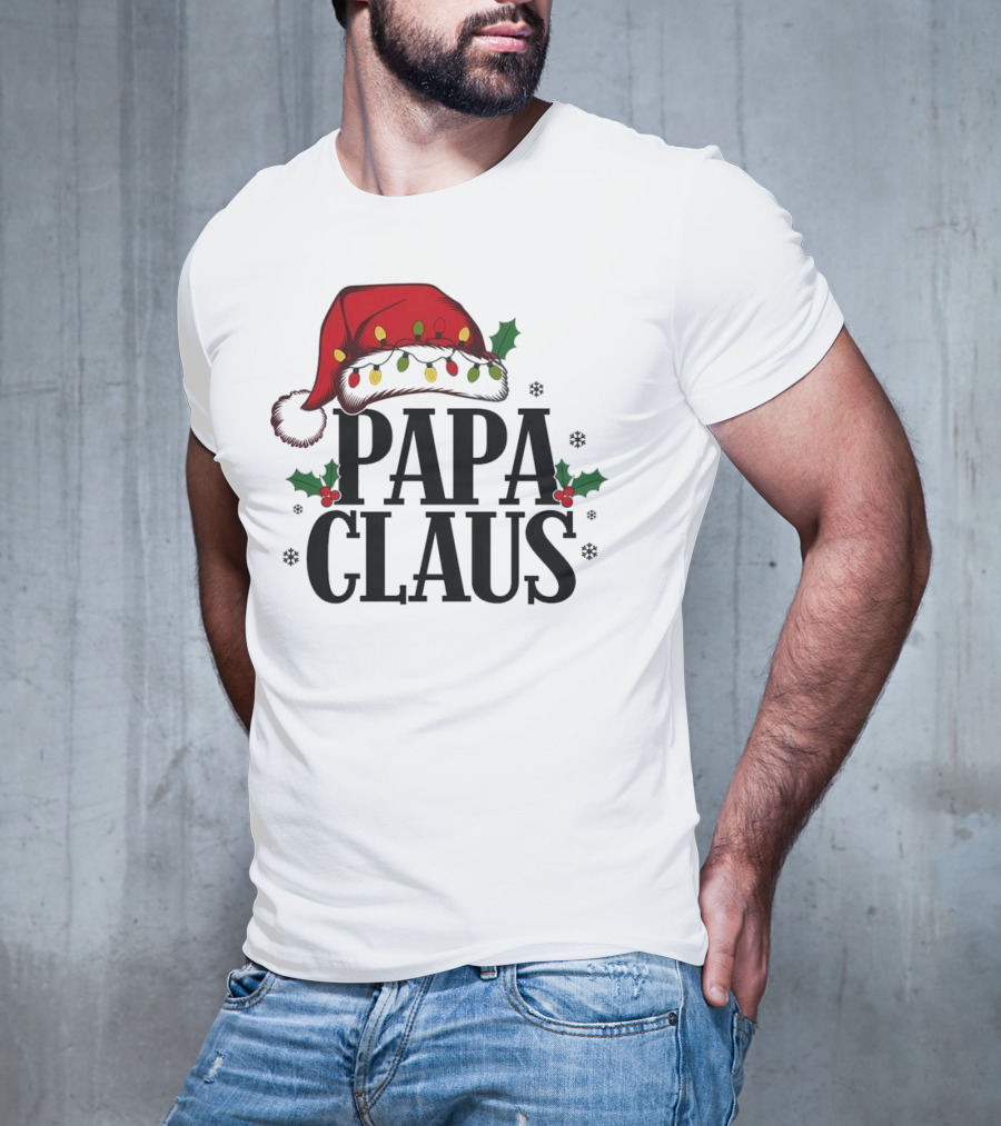 Papa Claus Christmas Santa Hat Holly Lights Snowflakes T-Shirt