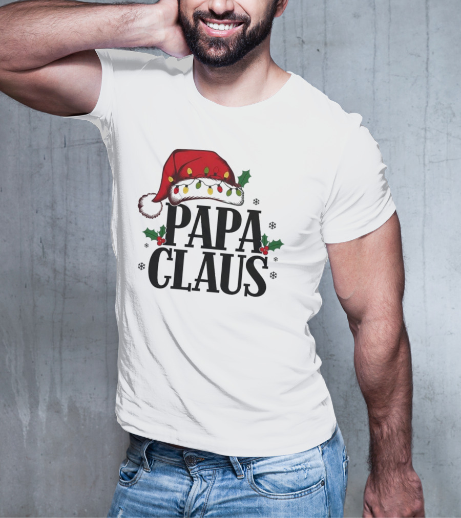 Papa Claus Christmas Santa Hat Holly Lights Snowflakes T-Shirt