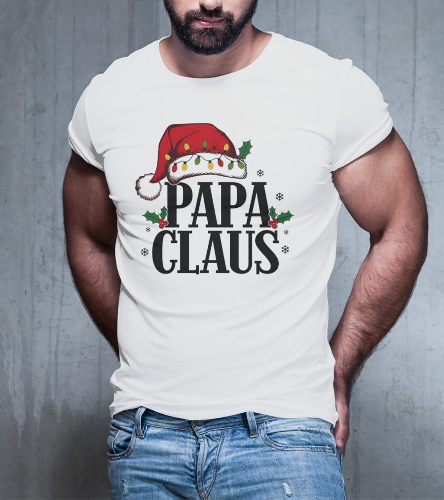 Papa Claus Christmas Santa Hat Holly Lights Snowflakes T-Shirt
