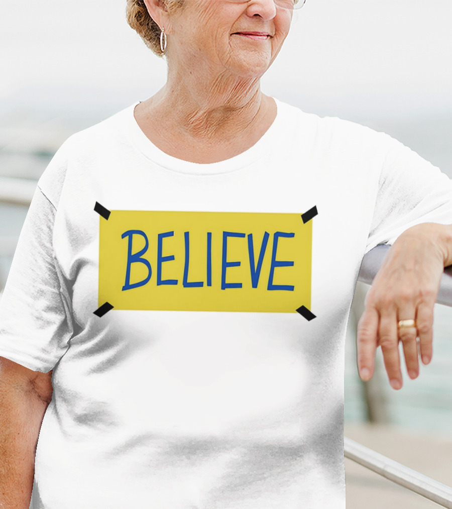 Ted Lasso Believe Sign Taped Yellow Background T-Shirt