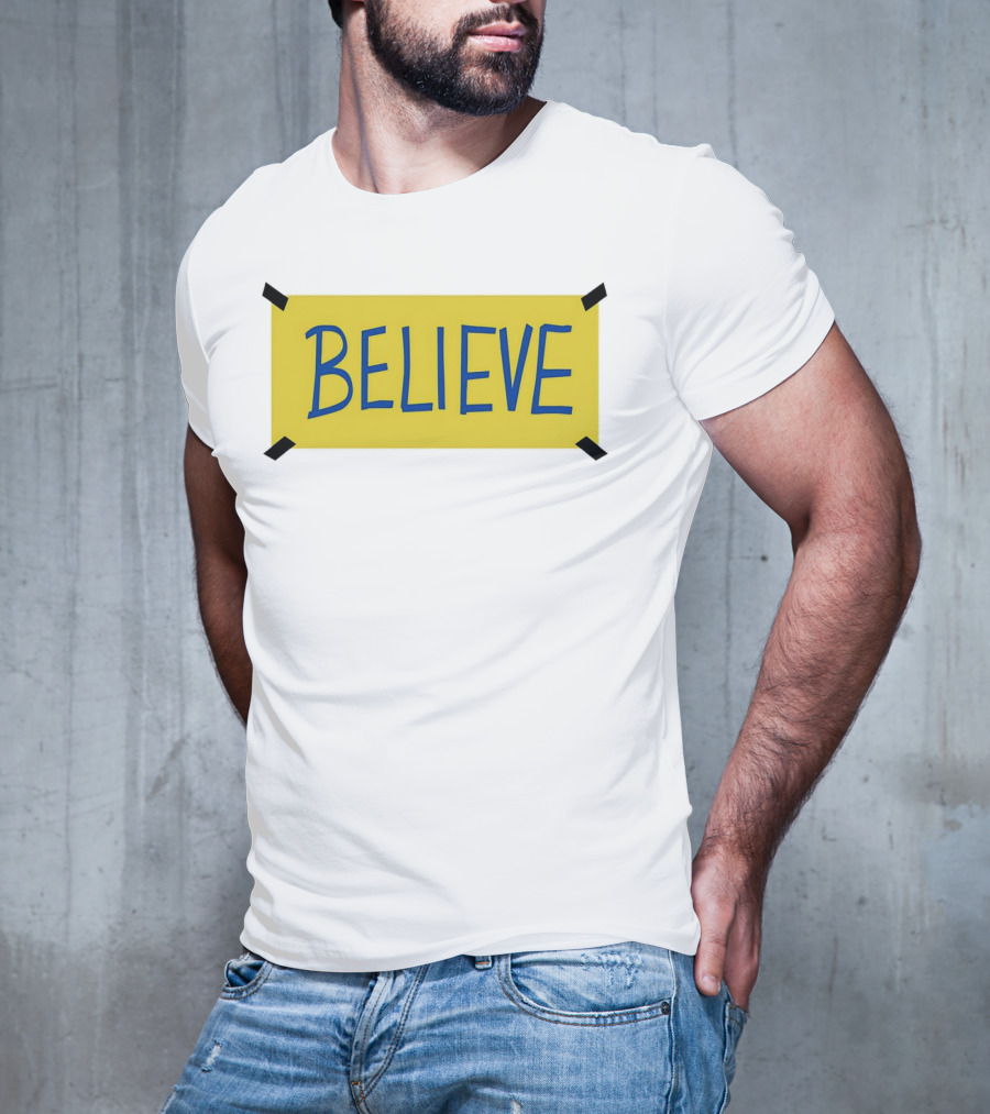 Ted Lasso Believe Sign Taped Yellow Background T-Shirt