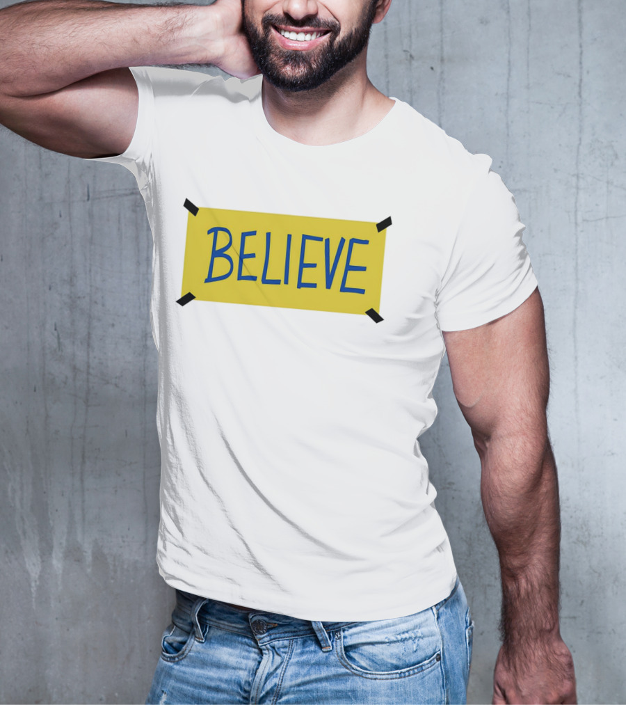 Ted Lasso Believe Sign Taped Yellow Background T-Shirt