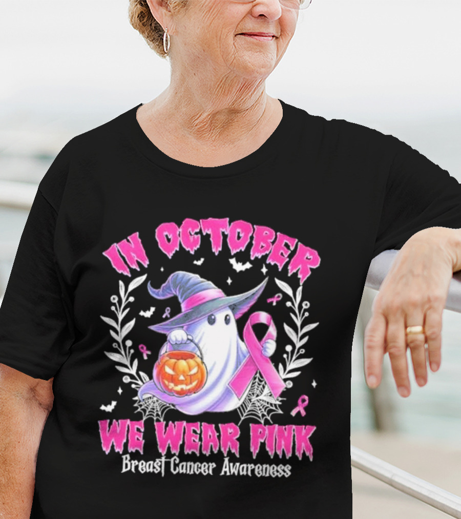 In October We Wear Pink Breast Cancer Awareness Ghost With Pumpkin And Witch Hat T-Shirt