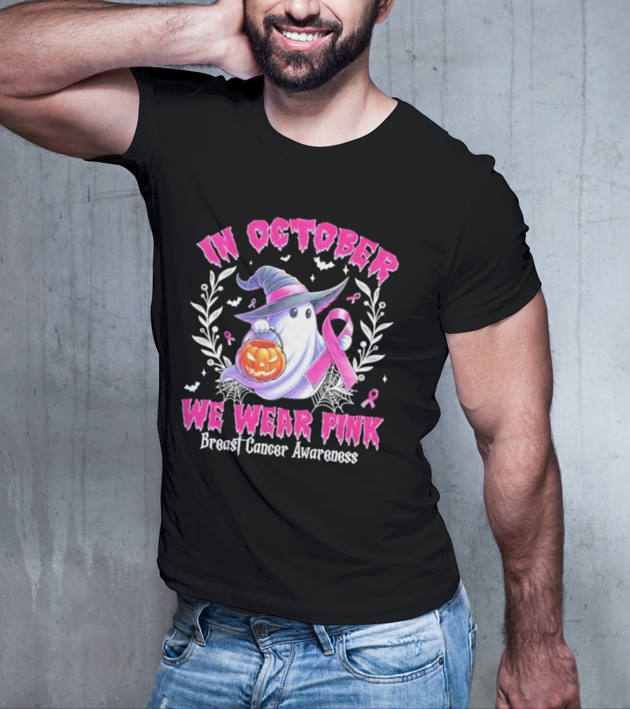 In October We Wear Pink Breast Cancer Awareness Ghost With Pumpkin And Witch Hat T-Shirt