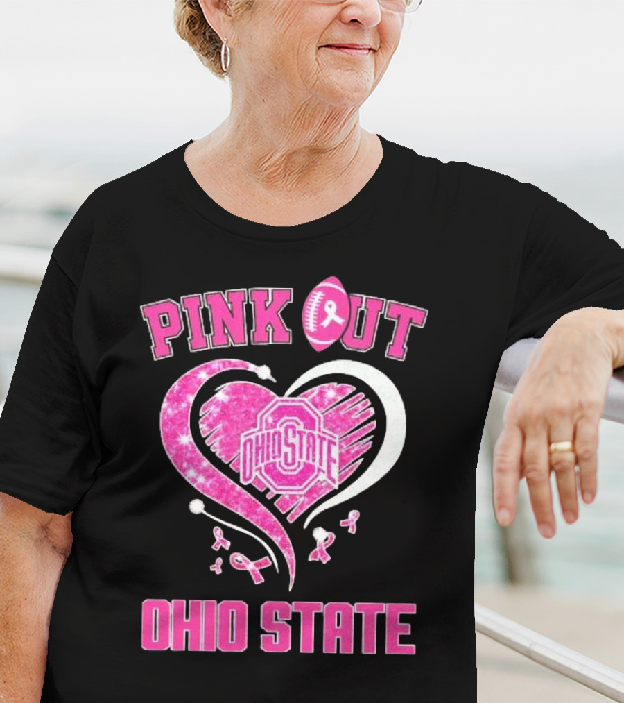 Ohio State Pink Out Breast Cancer Heart Football T-Shirt