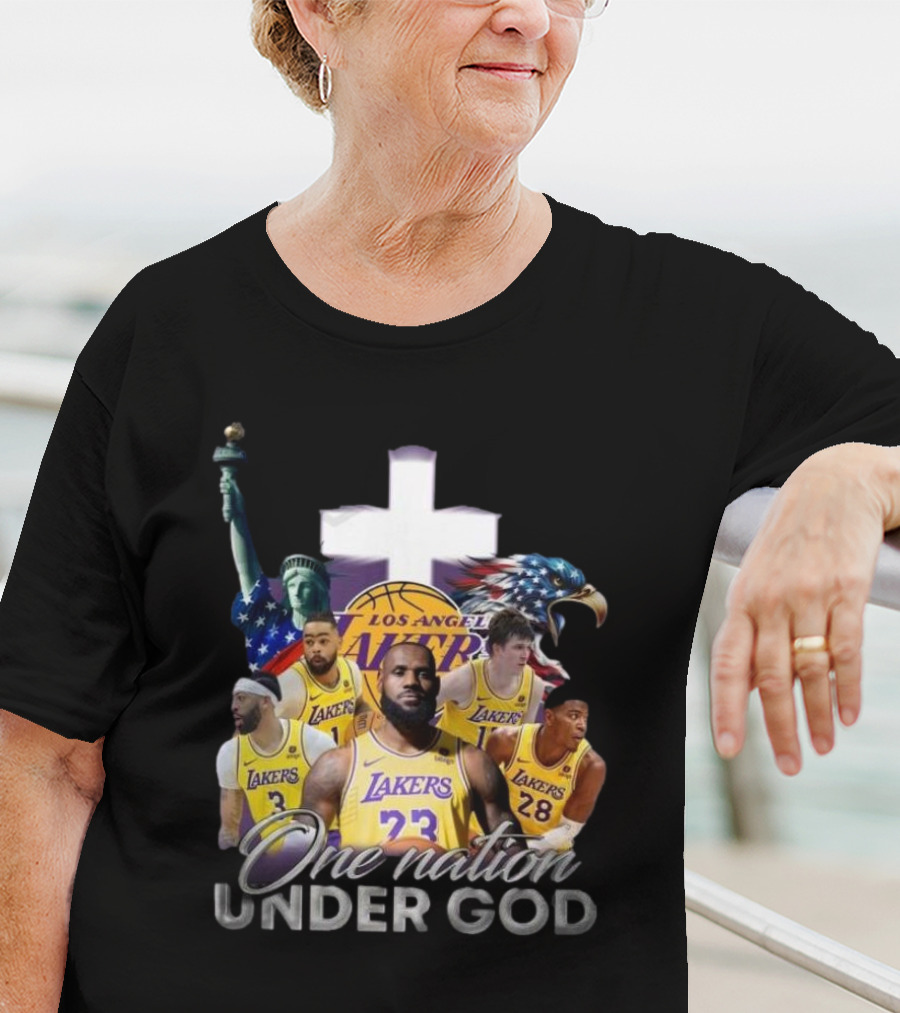 Los Angeles Lakers One Nation Under God Statue Of Liberty Cross Eagle Basketball Players T-Shirt