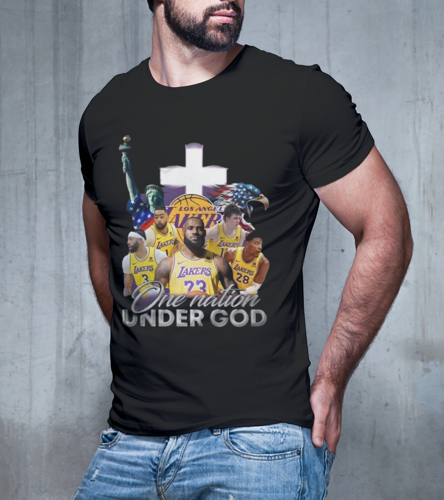 Los Angeles Lakers One Nation Under God Statue Of Liberty Cross Eagle Basketball Players T-Shirt