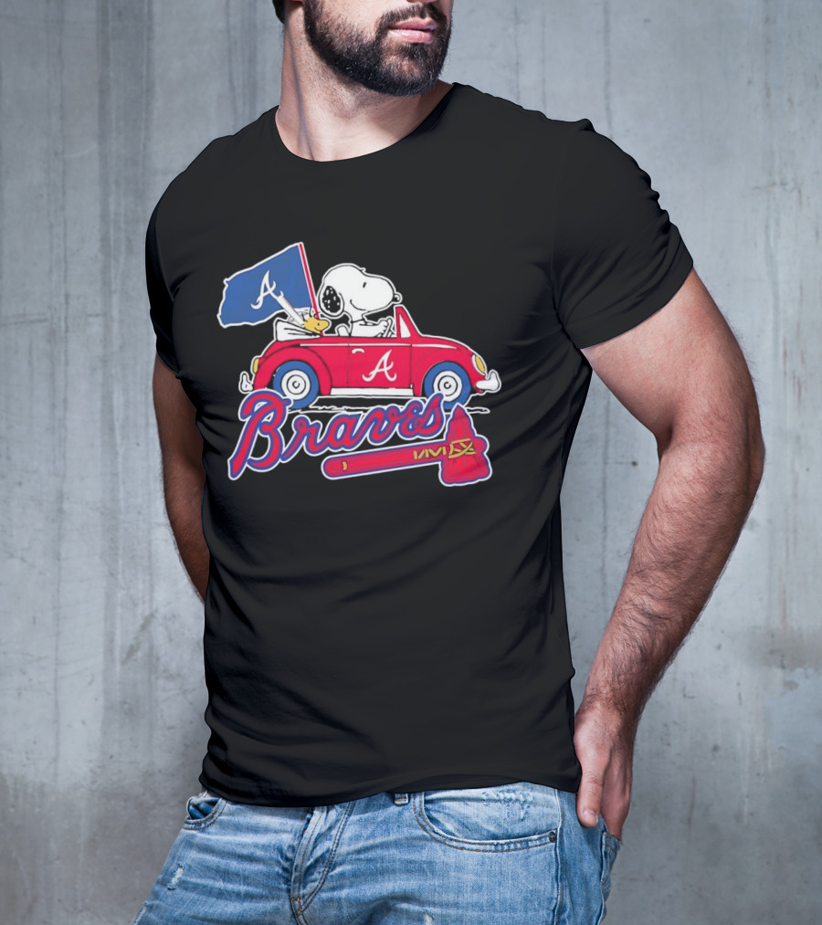 Snoopy And Woodstock Driving Car Atlanta Braves Logo Peanuts Cartoon T-Shirt