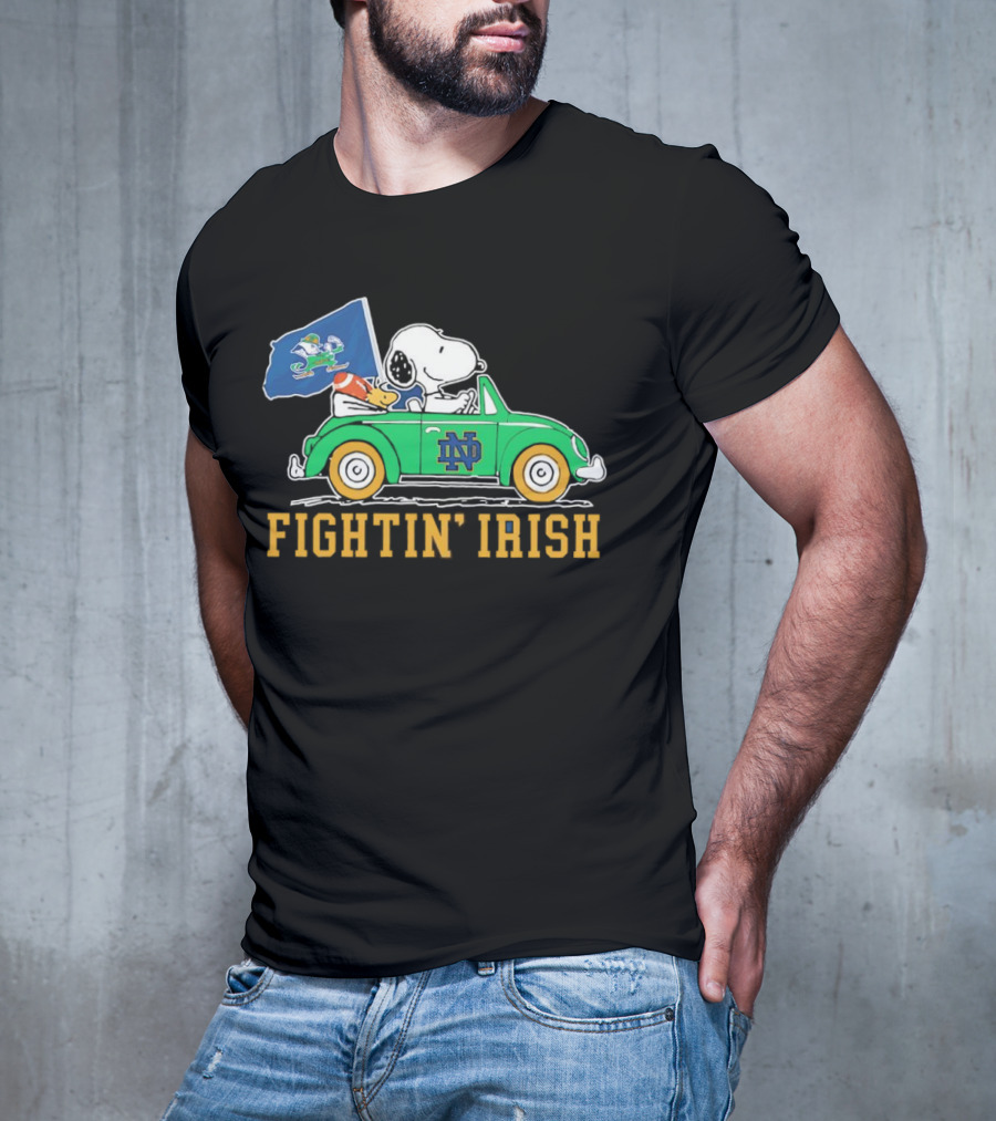 Snoopy And Woodstock Driving ND Car Fightin' Irish T-Shirt