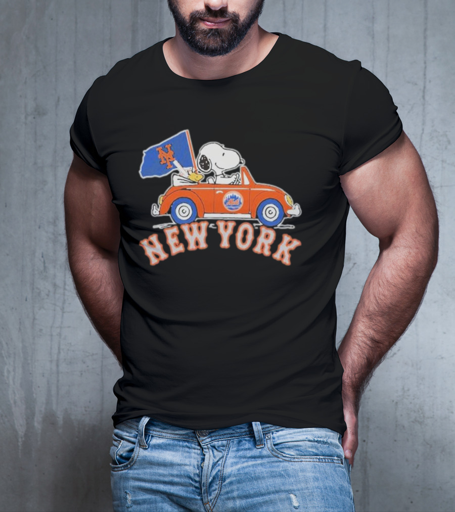 Snoopy Driving Car With New York Mets Flag T-Shirt