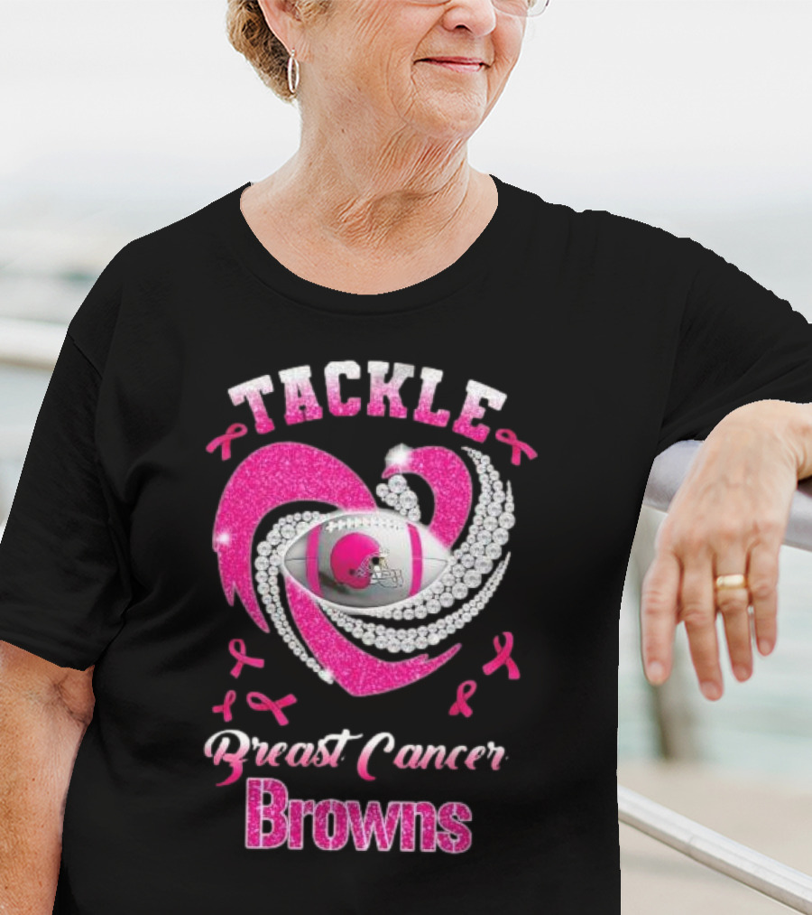 Tackle Breast Cancer Browns Pink Ribbon Football T-Shirt