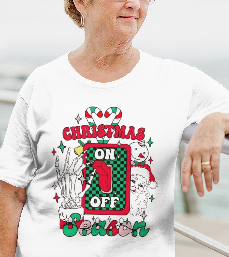Christmas Season On Off Skeleton Hand Santa Claus T-Shirt