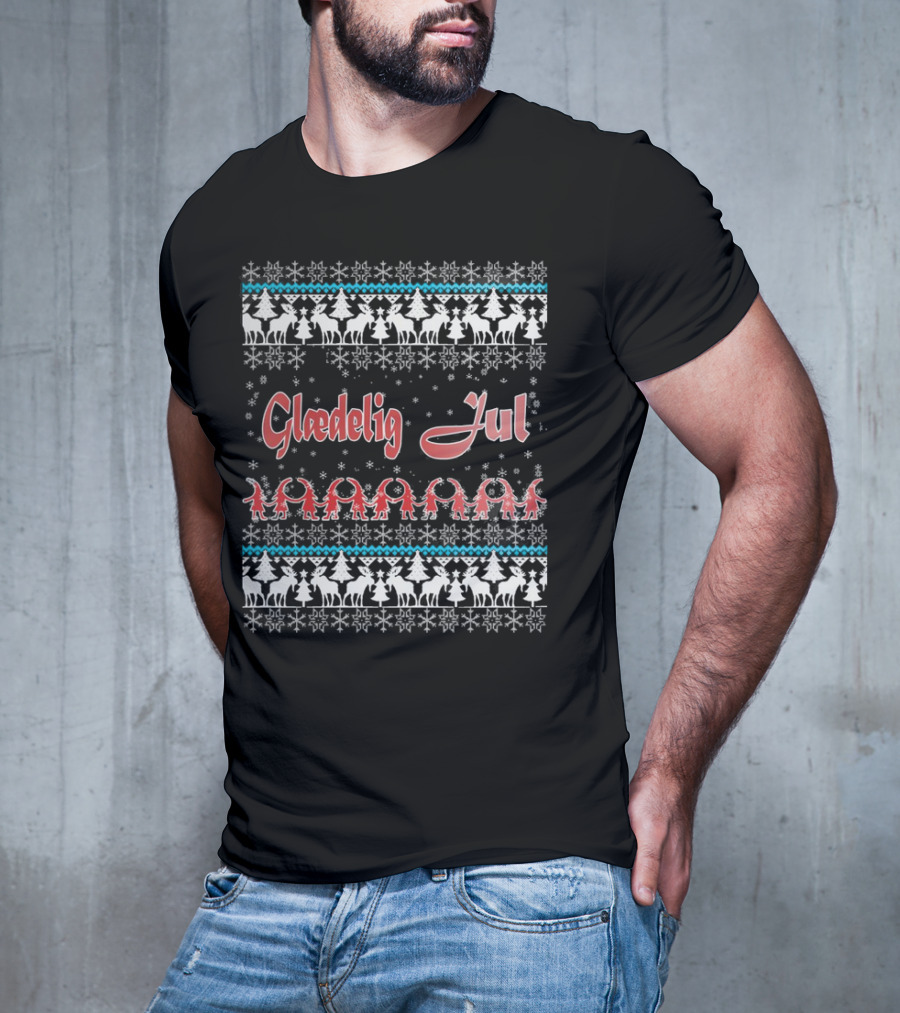 Glædelig Jul Christmas Denmark Snowflakes Trees Nordic T-Shirt