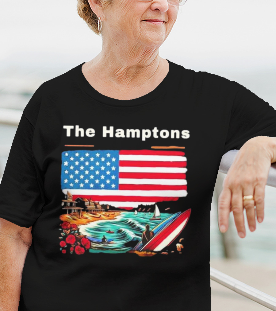The Hamptons American Flag Beach Oceanside Surfing Scene T-Shirt