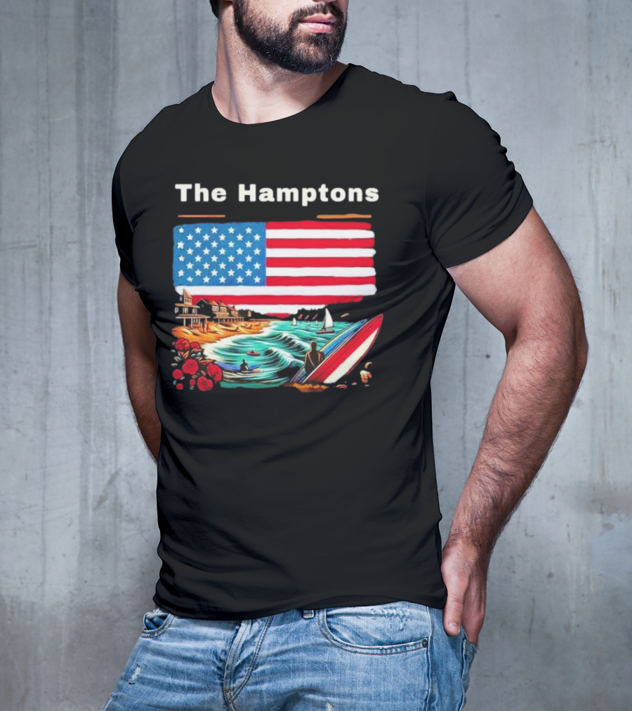 The Hamptons American Flag Beach Oceanside Surfing Scene T-Shirt
