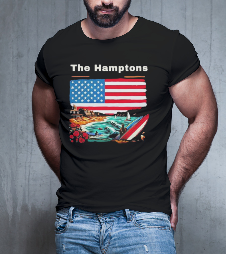 The Hamptons American Flag Beach Oceanside Surfing Scene T-Shirt