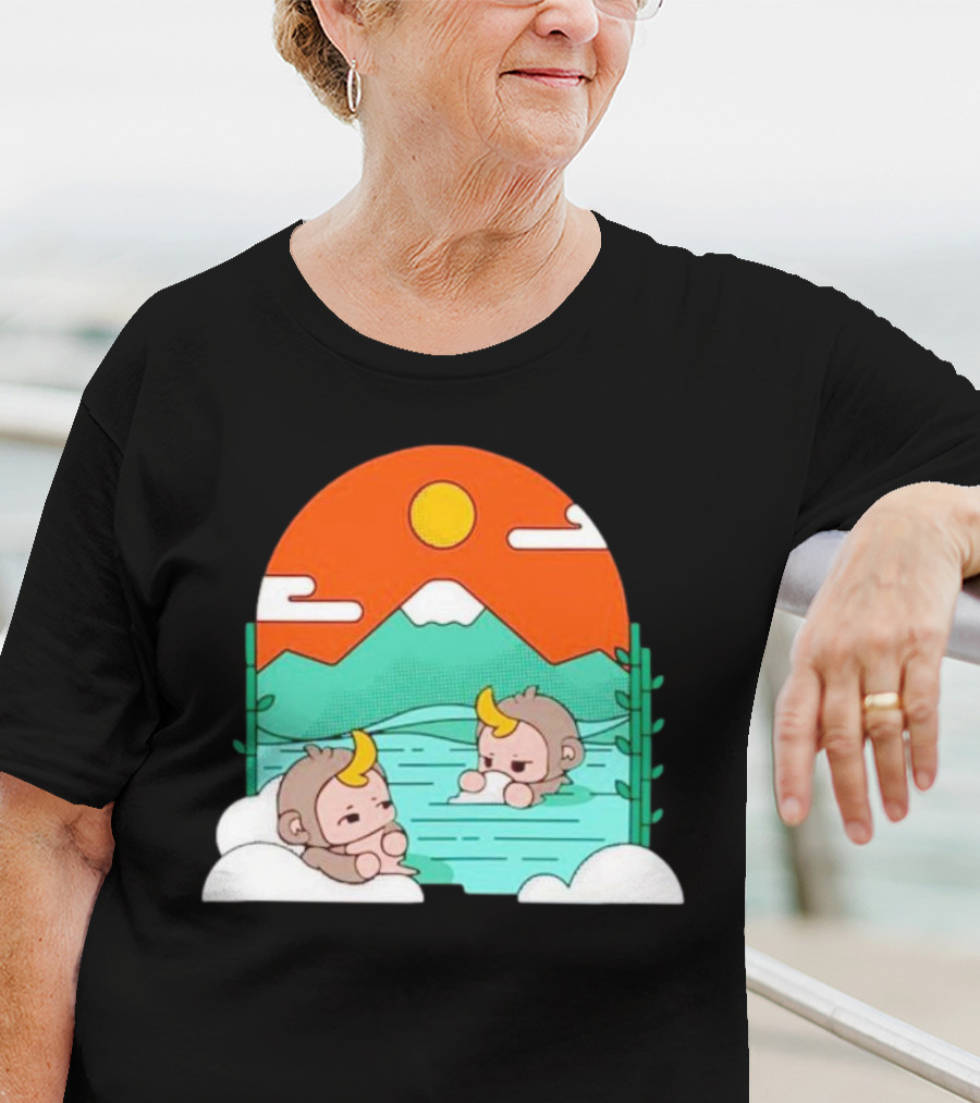 The Tranquil Monkey Hot Spring Relaxation Scene With Mountains And Sun T-Shirt