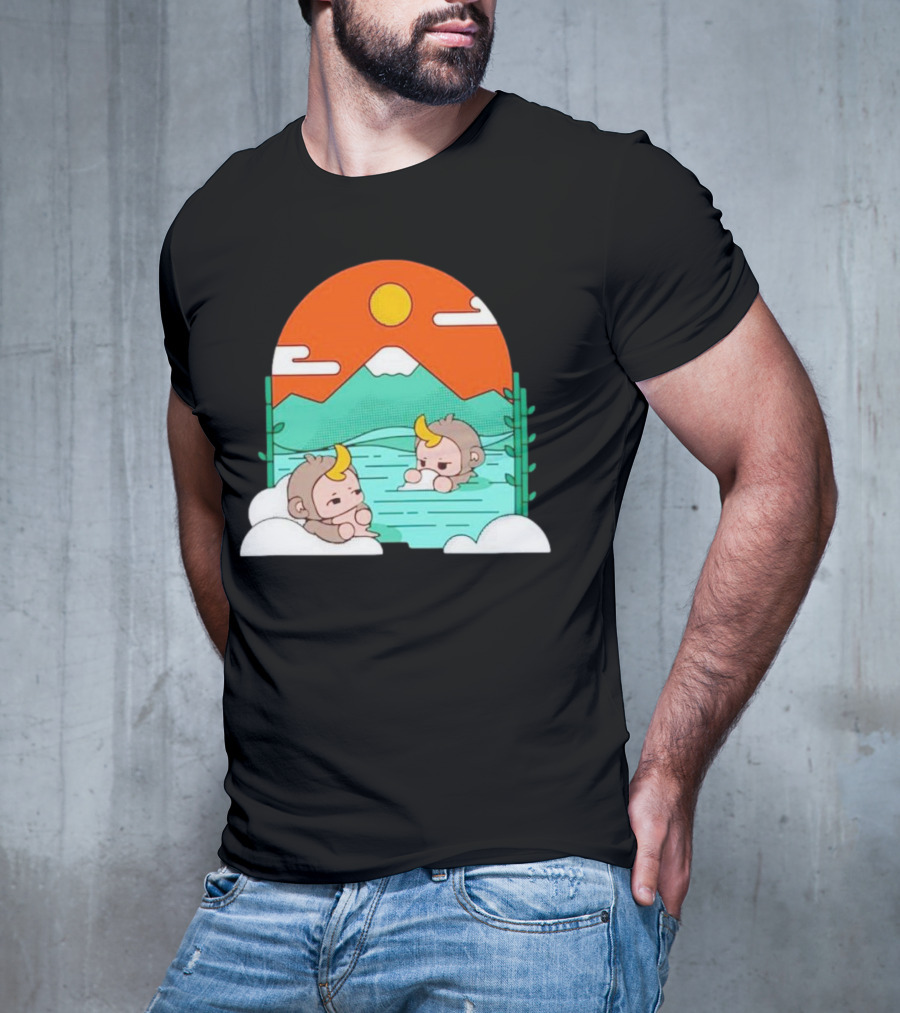 The Tranquil Monkey Hot Spring Relaxation Scene With Mountains And Sun T-Shirt