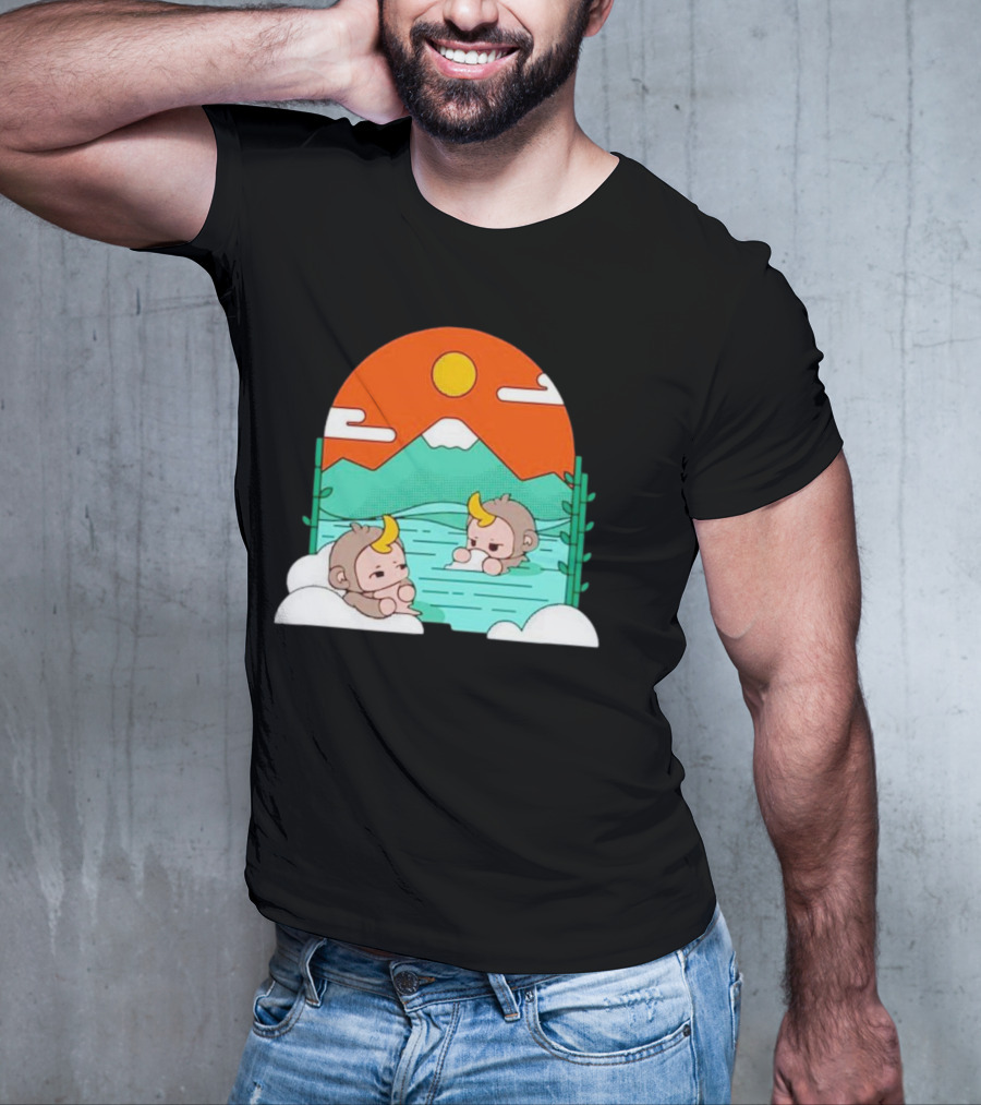 The Tranquil Monkey Hot Spring Relaxation Scene With Mountains And Sun T-Shirt