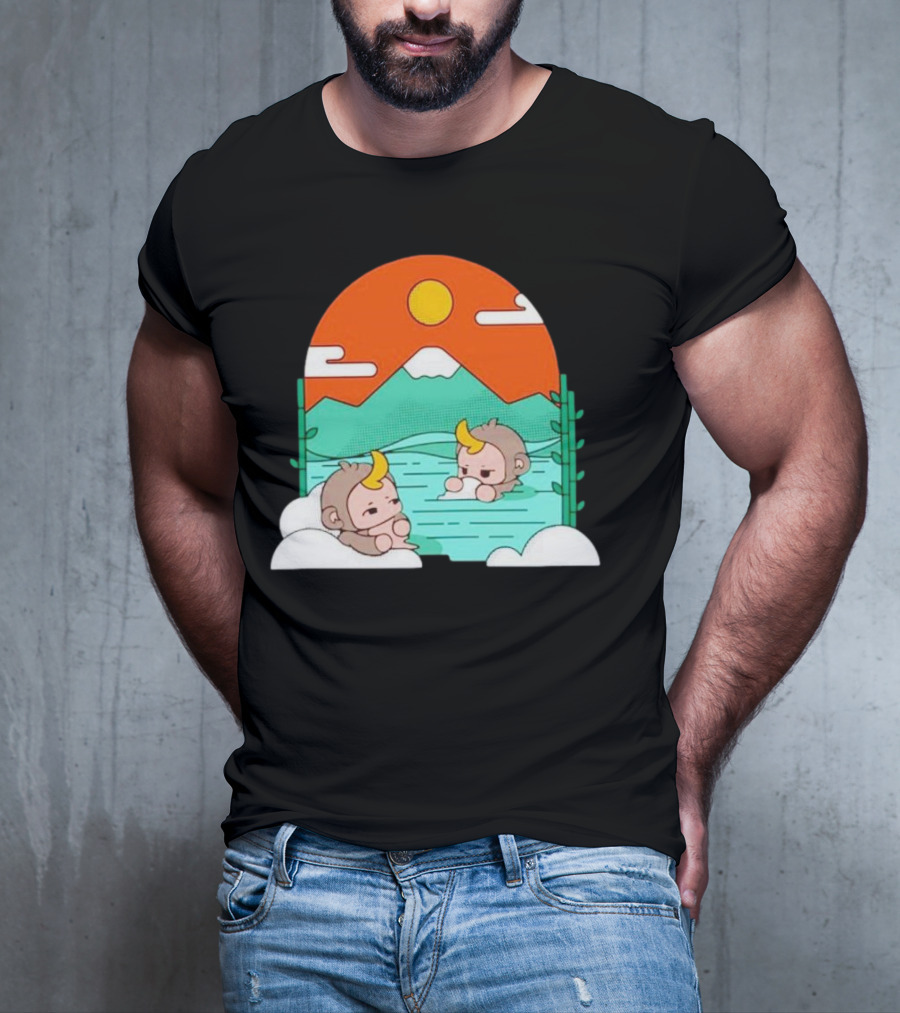 The Tranquil Monkey Hot Spring Relaxation Scene With Mountains And Sun T-Shirt