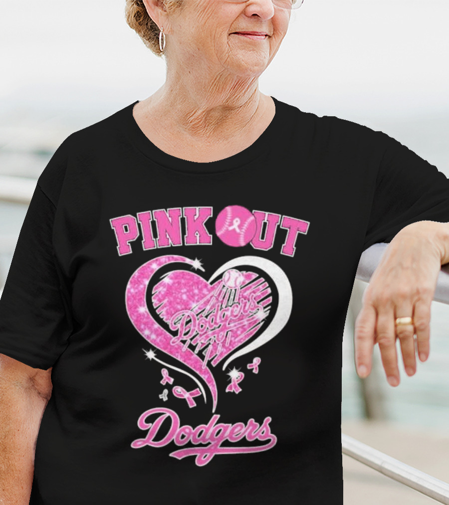 Pink Out Dodgers Heart Breast Cancer Los Angeles T-Shirt