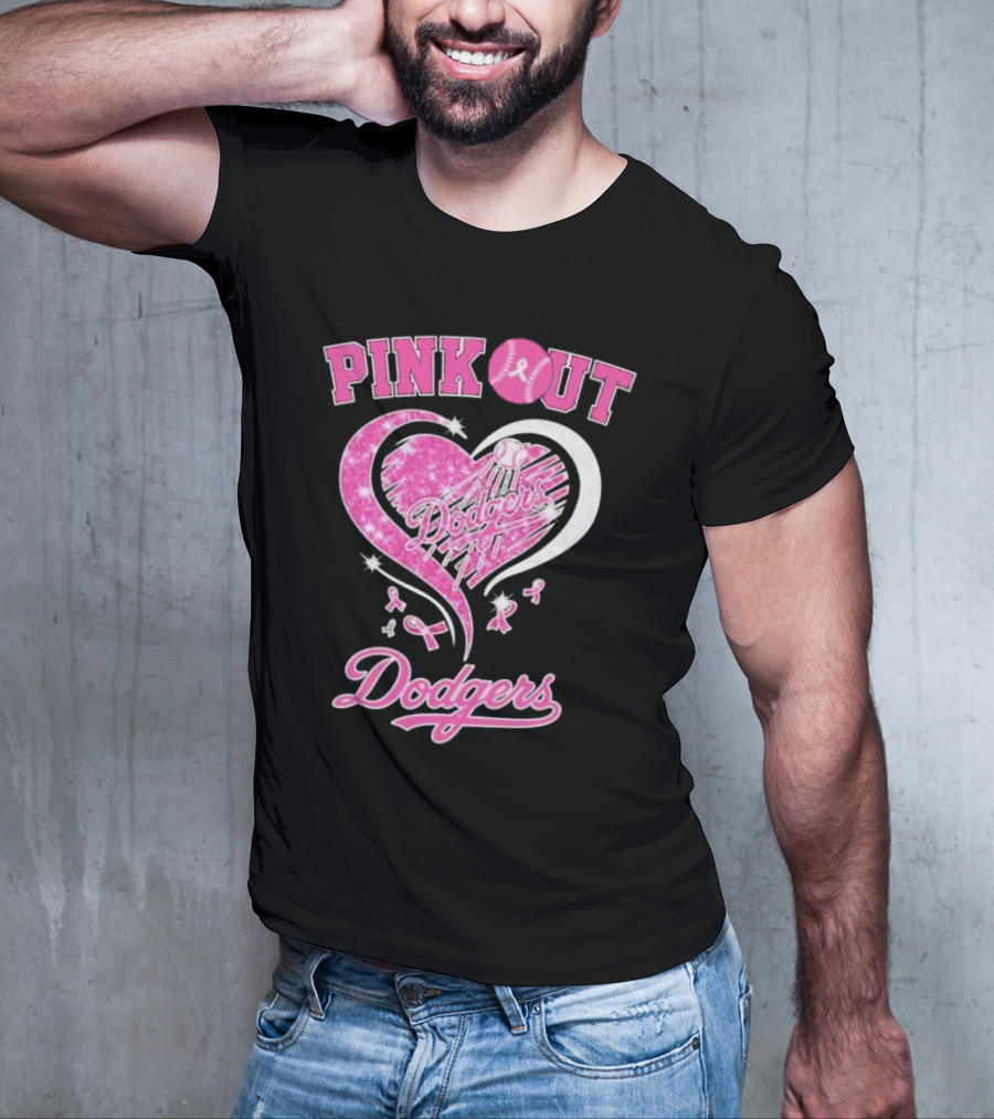 Pink Out Dodgers Heart Breast Cancer Los Angeles T-Shirt