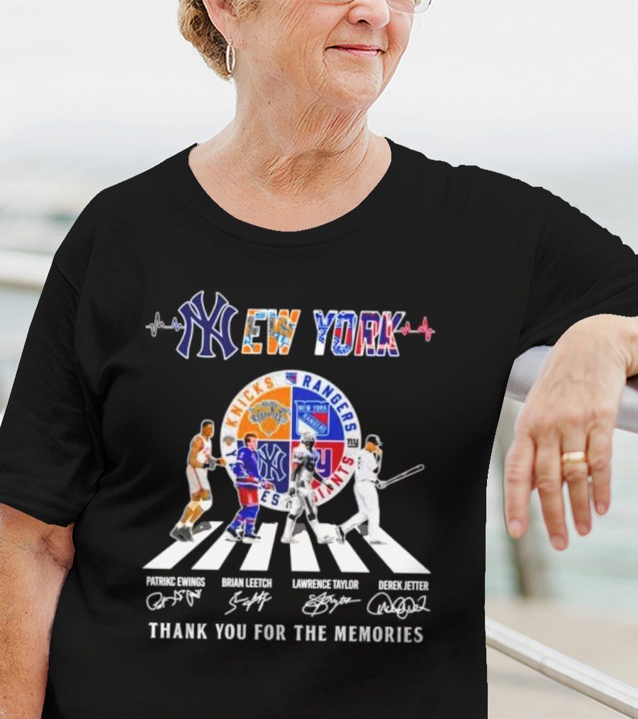 New York Knicks Rangers Giants Yankees Patrick Ewings Brian Leetch Lawrence Taylor Derek Jeter Abbey Road Thank You For The Memories Signatures T-Shirt