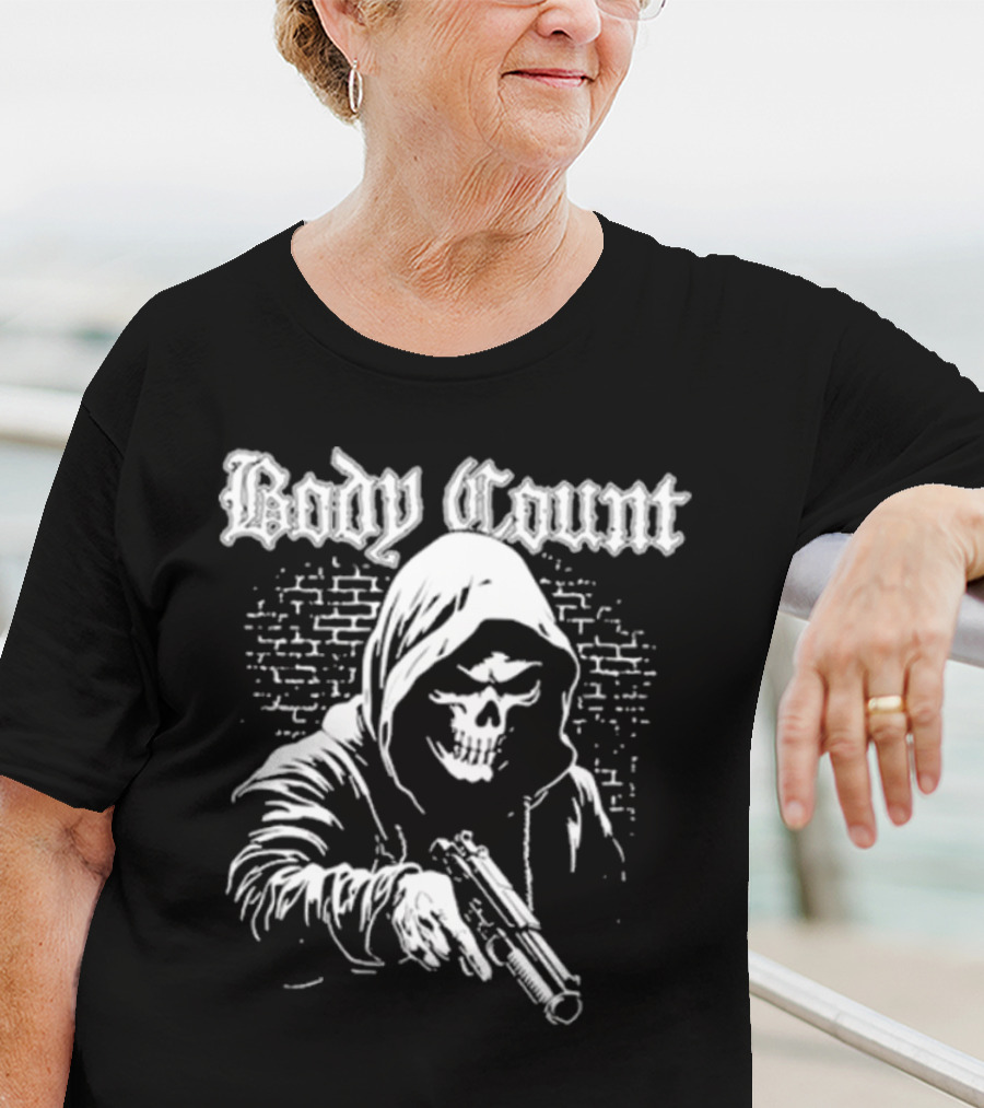 Body Count Hooded Skull With Gun Brick Wall Background T-Shirt