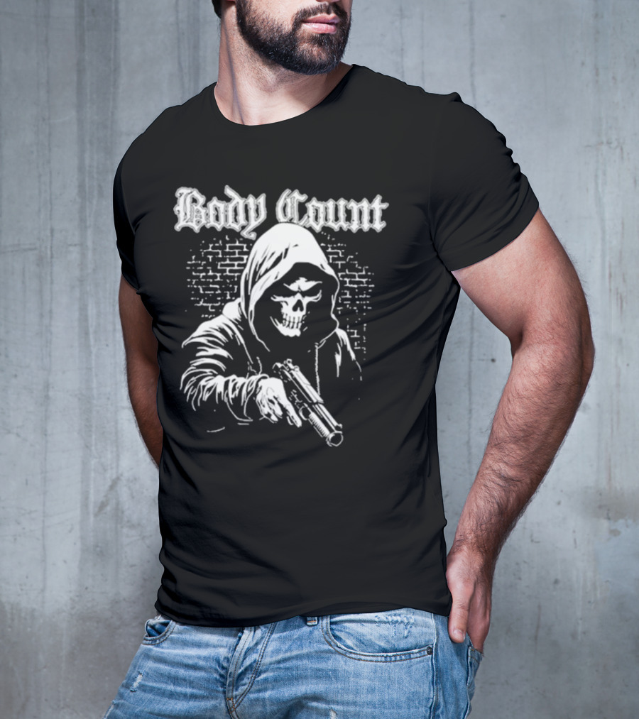 Body Count Hooded Skull With Gun Brick Wall Background T-Shirt