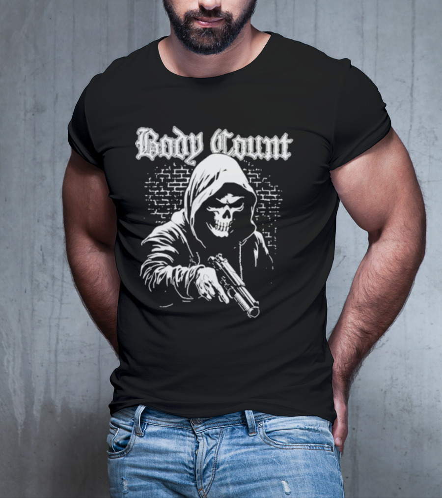 Body Count Hooded Skull With Gun Brick Wall Background T-Shirt