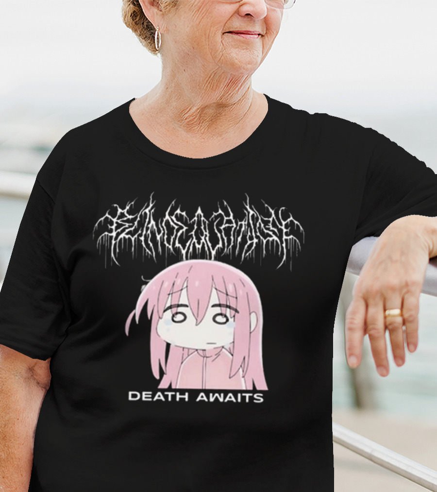 Bejalvin Death Awaits Pink Anime Character With Metal Band Style Lettering T-Shirt