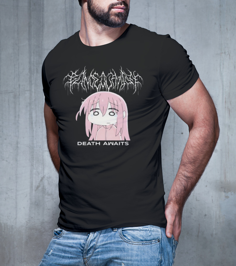 Bejalvin Death Awaits Pink Anime Character With Metal Band Style Lettering T-Shirt