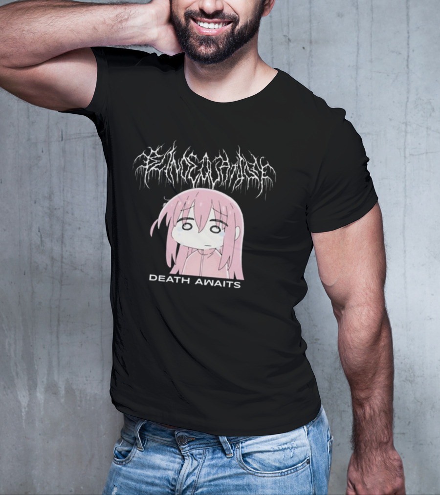 Bejalvin Death Awaits Pink Anime Character With Metal Band Style Lettering T-Shirt