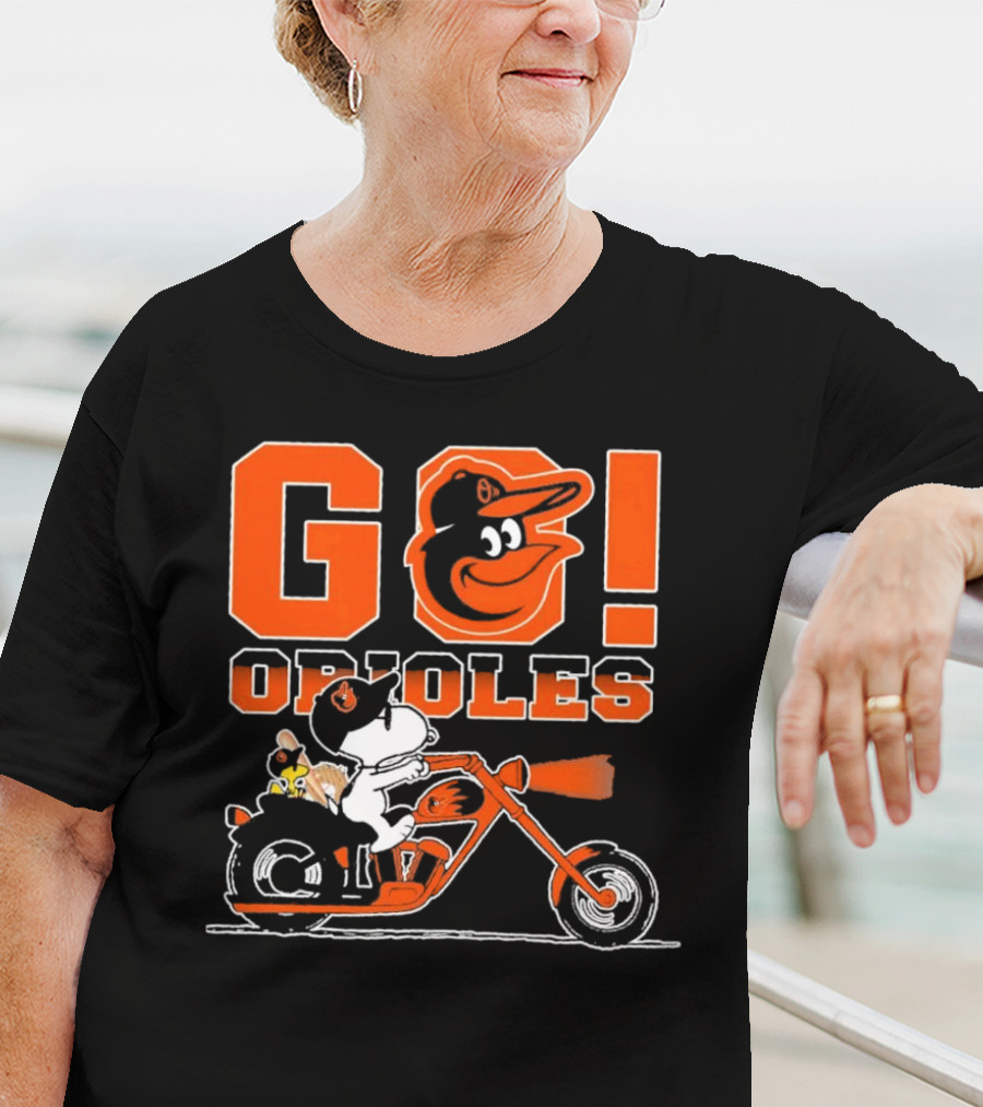Baltimore Orioles Snoopy And Woodstock Ride Motorcycle Go Orioles T-Shirt